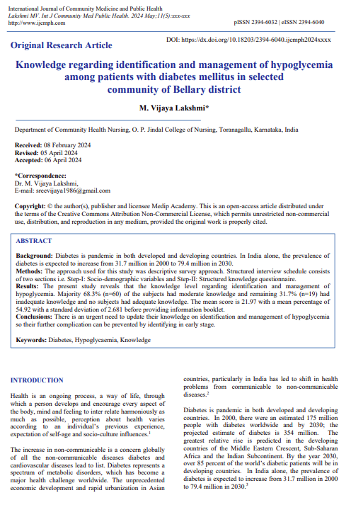 Knowledge regarding identification and management of hypoglycemia among patients with diabetes mellitus in selected  community of Bellary district